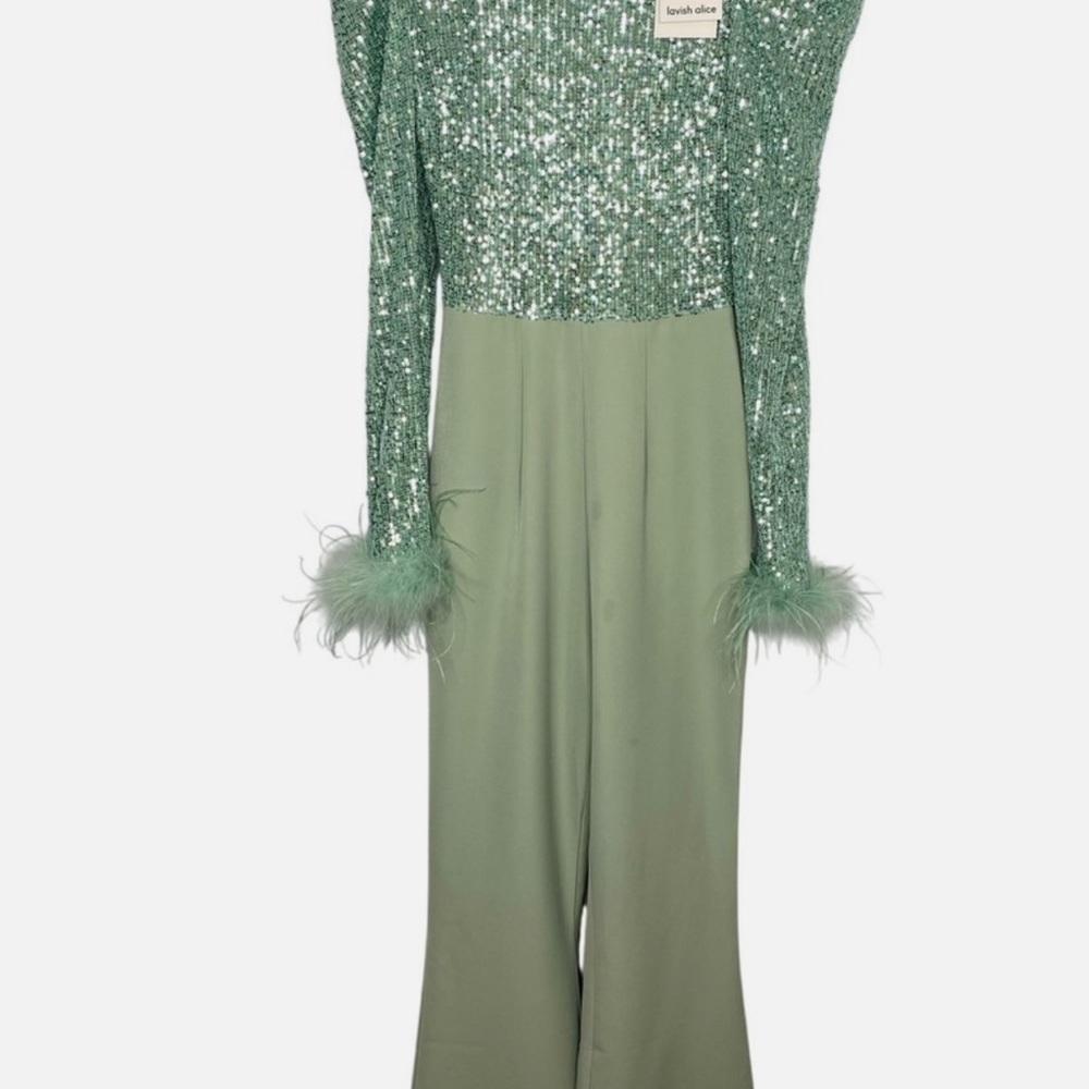 Sequin Green Jumpsuit with Feather Cuffs